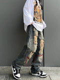 Threebooy Ripped Jeans Pants for Men Punk Denim Trousers Male Straight Leg Jeans Hip Hop Harajuku Korean Streetwear Hippie Hole