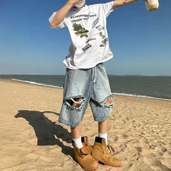 Threebooy Spring Summer Fashion Trend Thin Wide-Leg Loose Mid-Pant Shorts American Street Hip-Hop Ripped Distressed Y2k Jeans For Men