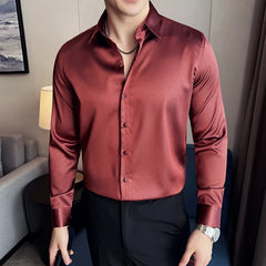Threebooy  Summer Glossy Long Sleeved Shirt Men No Ironing Casual Business Dress Shirts High Quality Slim Fit Social Office Versatile Shirt