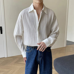 Threebooy Youth Pleated Long-Sleeve Korean Shirts For Men Oversize Men‘s Loose Elegant British Solid Color Cardigan Shirts Autumn Winter