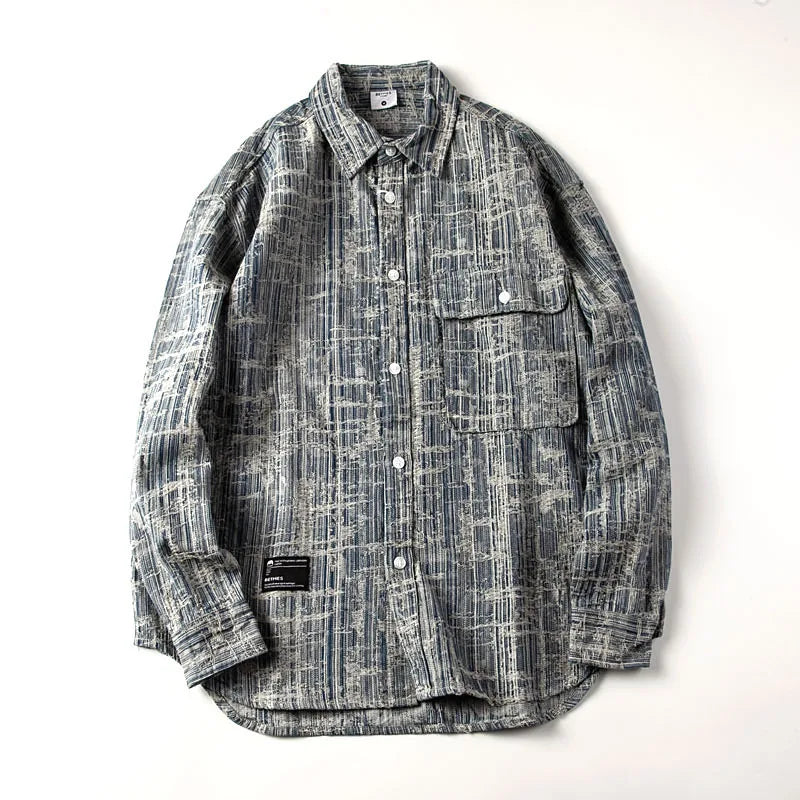 Threebooy Japanese Retro Shirt Washing Old Plaid Work Clothes Denim Shirt Men Women Trendy Loose Casual Long-sleeved Top Urban Chic Blouse