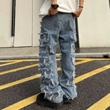 Threebooy Individualized patch jeans men  American high street hip-hop fried street beggar pants blue loose small crowd mopping