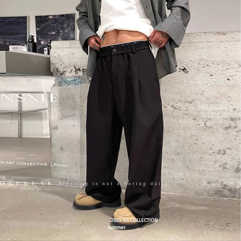 Threebooy  New Light Business Men Suit Pants Light Luxury Draped Solid Color Curved Knife Pants Elegant Straight Trousers Dress Pants M-3XL