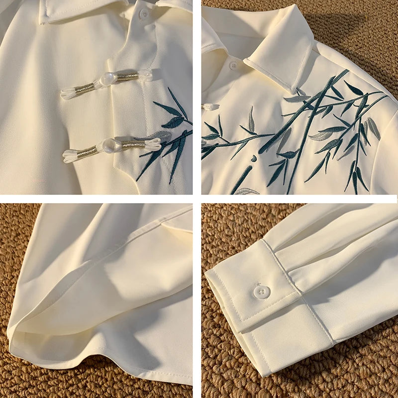 Threebooy New Chinese Shirt Men's White Shirt Bamboo Leaf Embroidery Shirt Plate Button Design Traditional Tang Clothing Elements