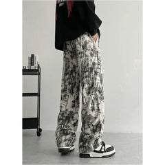 Threebooy Beige Casual Pants Men Fashion Retro Straight Pants Men Streetwear Hip-hop Loose Tie Dye Pants Mens Vintage Trousers M-3XL
