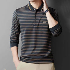 Threebooy  Men Breathable Pure Cotton Polo Shirts Long Sleeve Spring Autumn Casual Striped Turn-down Collar Real Pocket Comfortable Tops