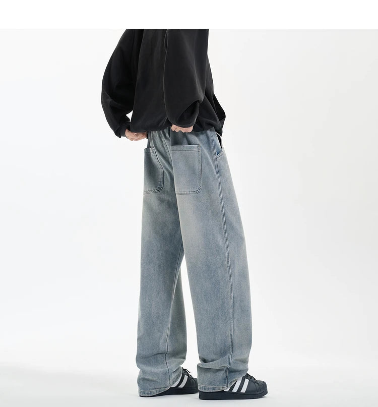 Threebooy New Men's Jeans Washed Jeans Pants Unisex Drawstring Denim Pants Male Streetwear Korean Straight cylinder loose Cowboy Trousers