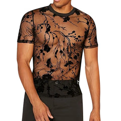 Threebooy  Summer Men's Clothing Mesh Lace Knit T-shirt Streetwear Hollow-Out O Neck Sweater Short Sleeve Tees Rose Printed Luxury Knitwear