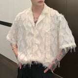 Threebooy Men Shirt Solid Tassel Transparent Lapel Short Sleeve Casual Tops Summer Streetwear Korean Sexy Shirts Fringe LGBT Unisex Blouse
