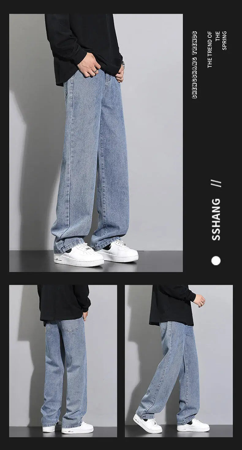 Threebooy 2025 New Korean Men's Casual Long Jeans Classic Man Straight Denim Wide-leg Pants Solid Color Light Blue Grey Black