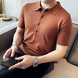 Threebooy New Trend Summer Men's Solid Color Simple Short-sleeved Polo Shirt British Slim Lapel Knitted Casual Slim Fit V-neck Polo Shirt