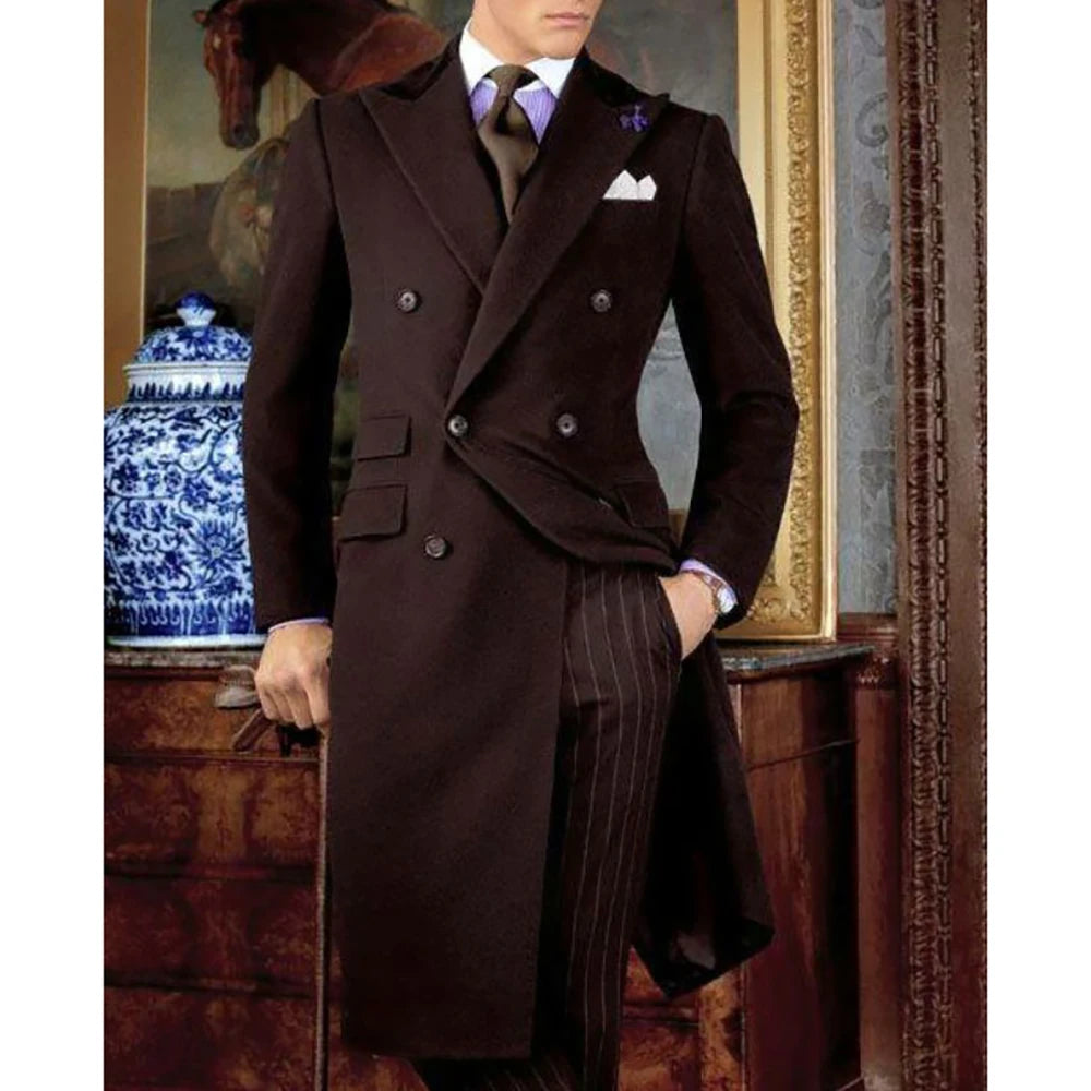 Threebooy  Elegant Men's Suit Luxury 2 Piece(Long Jacket+Striped Pants) Double Breasted Set Formal Banquet Evening Party Gentlemen
