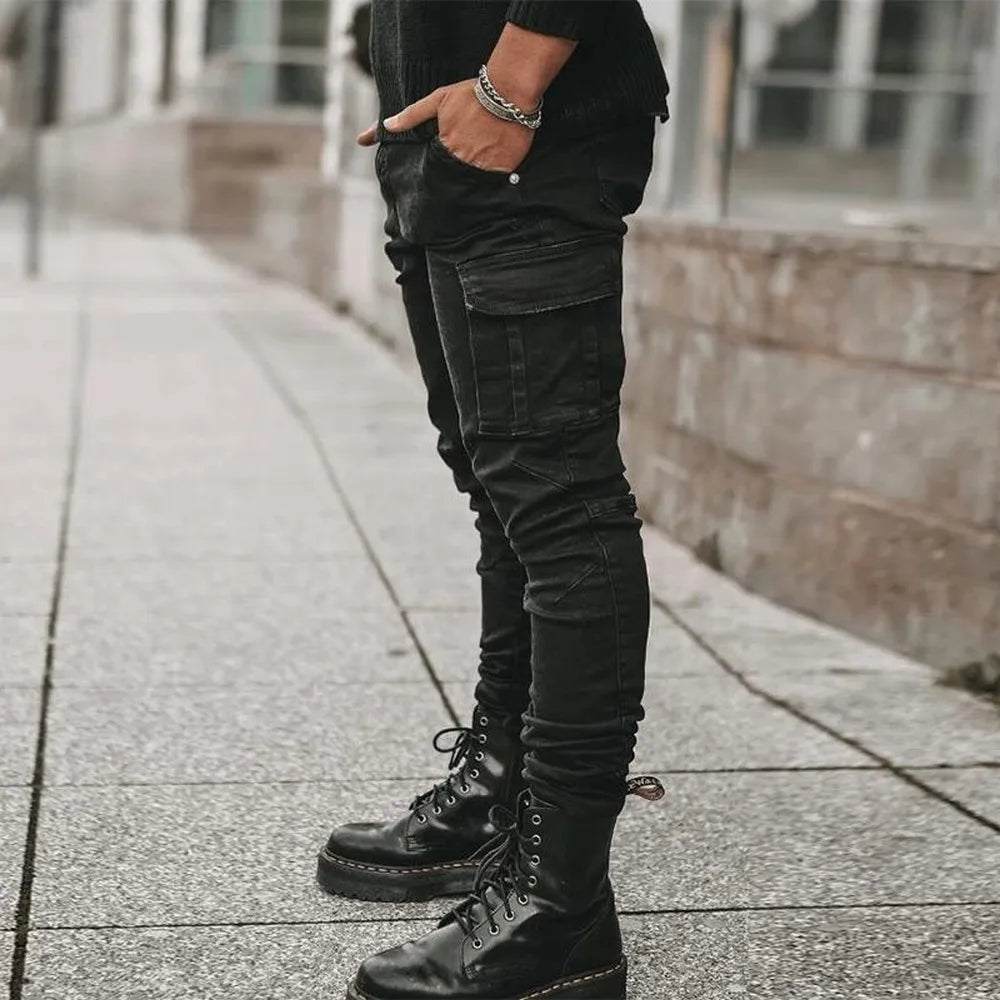 Threebooy Street Elastic Jeans Men Denim Cargo Pants Wash Solid Color Multi Pockets Casual Mid Waist Trousers Slim Fit Daily Wear Joggers