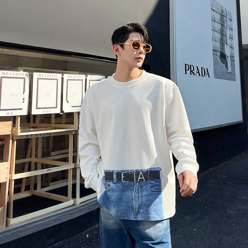 Threebooy Korean Street fashion Spring Casual Men Personality Jeans Print Long Sleeve T-shirts Sweatshirt Patchwork Loose Sweatshirts