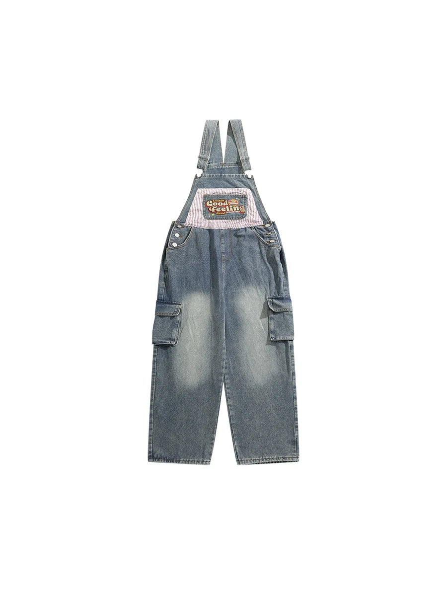 Threebooy American Retro Patch Embroidered Old Washing Denim Overalls Korean Fashion Men Women Vintage Jumpsuits Aesthetic Functional