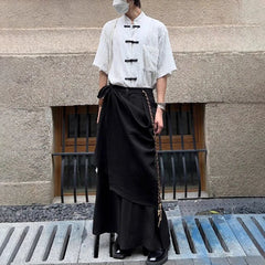 Threebooy Men Japanese Double-Layer Irregular Casual Culottes 2024 New Genderless Fashion Splicing Solid Color Loose Wide-Leg Pants Unisex