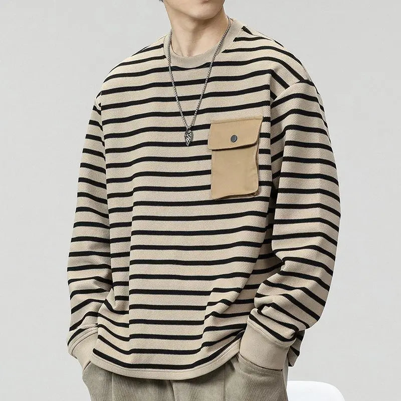 Threebooy Men's Striped Long Sleeved T-shirt Men's Trendy T-shirt Men's Hoodie Men's Base Shirt Top