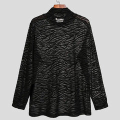 Threebooy  Men's Casual Slim Zebra Striped See-through Long Sleeve T-shirt Streetwear High Neck Leisure Bottoming Tees Party Clothing S-2XL