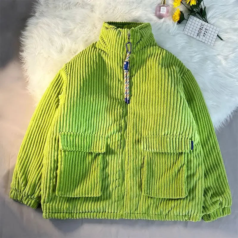 Threebooy Men's Cotton Padded Jacket Winter Corduroy Padded Jackets Female Loose Stand-up Collar Thickened Warm Zipper Solid Color Coats