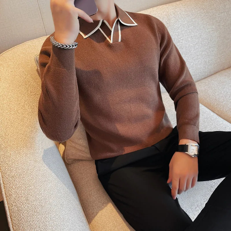 Threebooy Clothing Men Warm in Winter Lapel Knitted Sweaters/Male Slim Fit High Quality Leisure Pullover Men's polo Long-sleeved Sweater