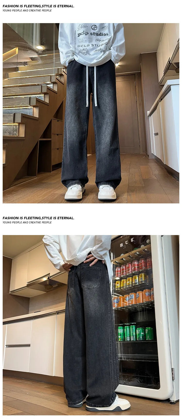 Threebooy Jeans Men Denim Pants Elastic waist pull rope Straight Droop Vintage Loose Bottom Straight Wide Leg Casual Male Trouser