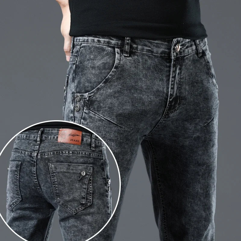 Threebooy  4 Colors Fashion Korean Men Skinny Jeans Nostalgia Snowflake Washed Slim Fit Classic Casual Street Skateboarding Denim Trousers