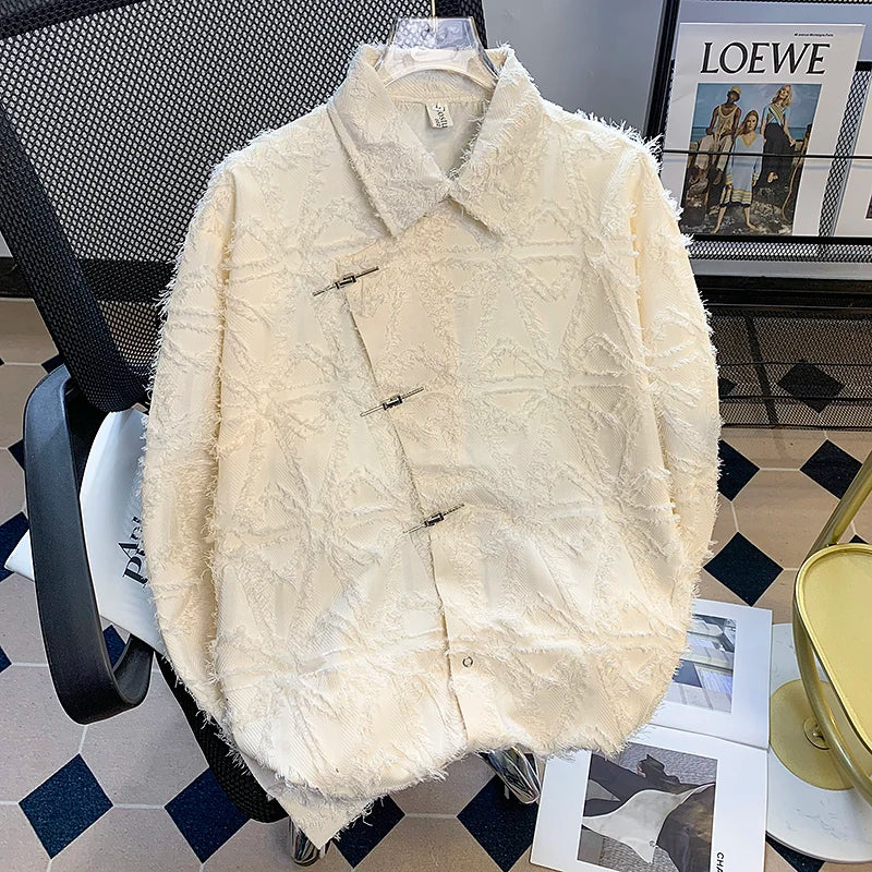 Threebooy Spring metal buttoned tassel long-sleeved shirt Korean style men women fashion style design loose drape shirt jacket Aesthetic