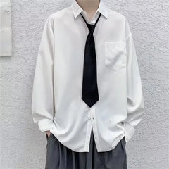 Threebooy White Solid Shirts With Tie Men's Oversize Long Sleeve Casual Cardigan Fashion Spring Autumn Blouses Unisex Daily All-match Tops