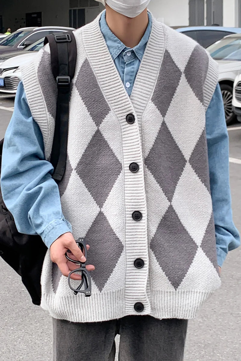 Threebooy Windproof Open Front Button V Neck Vest Waistcoat Men Warm Soft Coat Autumn Winter Top Sleeveless New Basic Casual Knit Cardigan