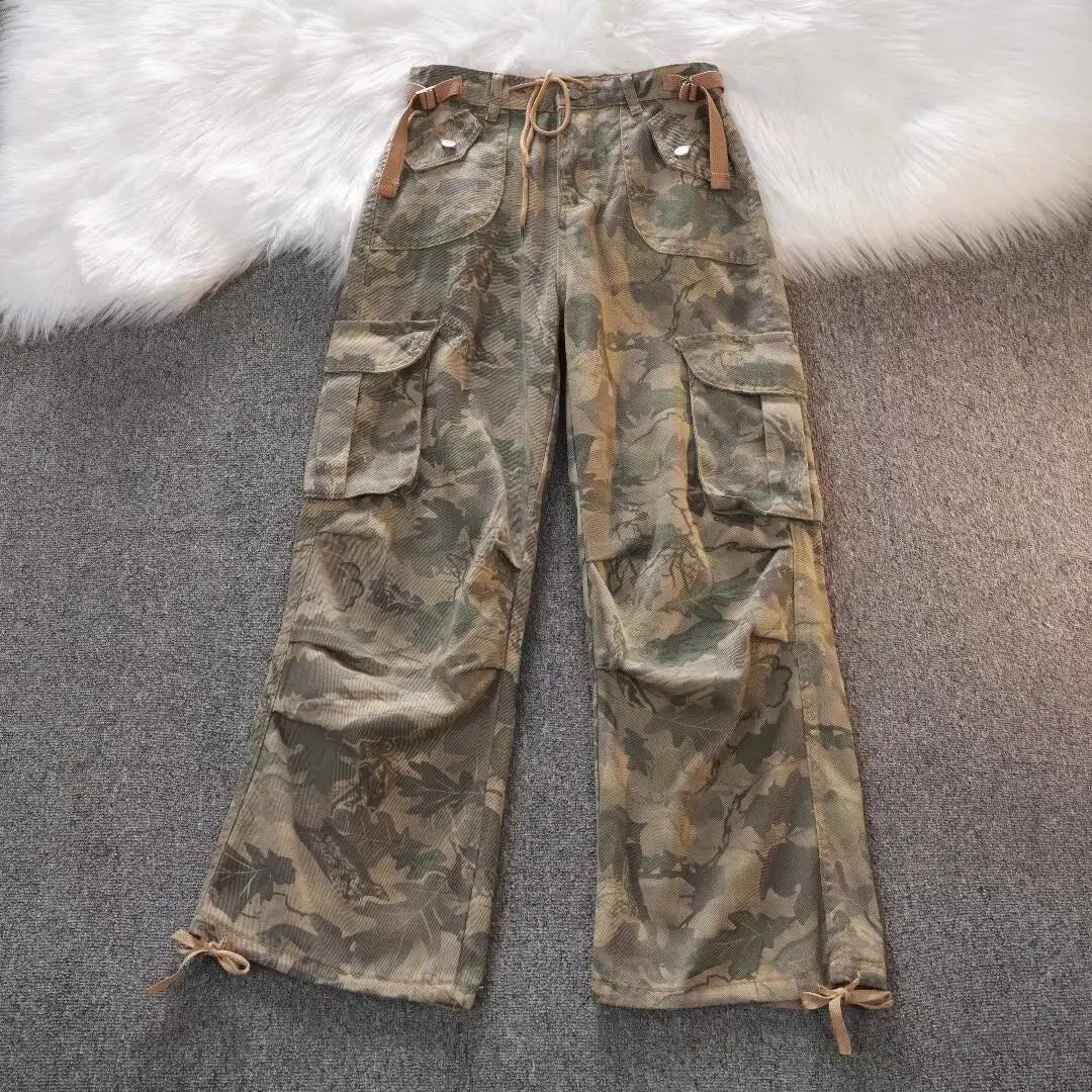 Threebooy Gothic Harajuku American Camouflage Drawstring Casual Trousers Leaf Pattern High Street Hip Hop Y2k Straight Leg Wide Leg Pants