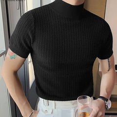 Threebooy  New Summer Fashion Tight T-shirt Casual Streetwear Textured High-neck Solid Color Short-sleeved Bottoming Tees Korean Style Tops