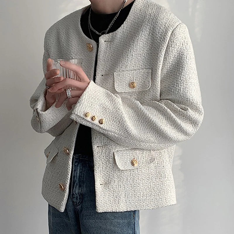 Threebooy Korean Style Fashionable Tweed Round Neck Jacket Men Japanese Trendy High-end Single-breasted Short Jacket with Temperament