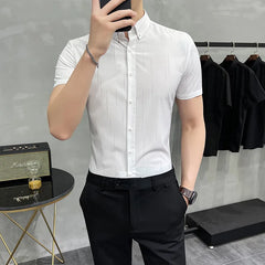 Threebooy  Brand Clothing Men's Summer Leisure Stripe Short Sleeve Shirts/Male Slim Fit Business Lapel Shirts Black White S-5XL