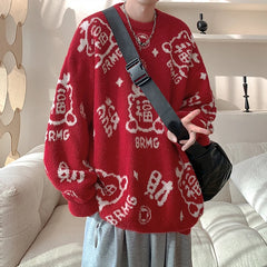 Chinese style sweater men Autumn Winter New loose knitted pullover Fashion Chinese Blessing Language Pattern Christmas New Year