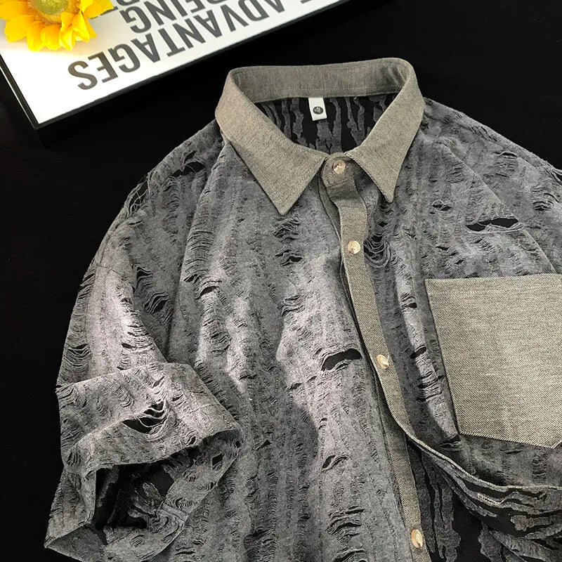 Threebooy  Men Streetwear Hollow Hole Short-sleeved T-shirt Hip Hop Single-breasted Short-sleeved Shirt Summer Trendy Couple Fashion Tops