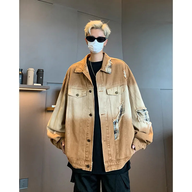 Threebooy 90s Streetwear Retro American High Street Cowboy Jacket for Men Autumn Trendy Versatile Street Loose Work Jacket