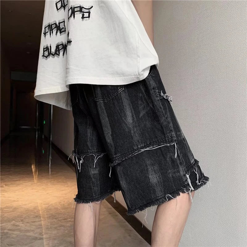 Threebooy Summer Men's Fashion Tie-dye Casual Jeans Shorts Male Loose Knee Length Denim Short Pants Men New Straight Shorts F78