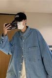 Threebooy Autumn ins high street cowboy shirt men's design inside couple simple long sleeve outside Lapel shirt Denim camisa jeans