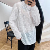 Threebooy Mens Sexy See-Through Lace Floral Long-Sleeved Top 2024 New Genderless Fashion Temperament French Retro Inner T-Shirt Unisex