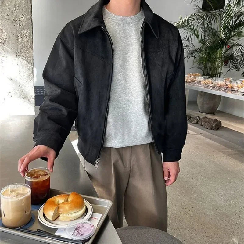 Threebooy Elegant Solid Brown Coat Men's Spring Autumn High-end Loose Lapel Plush Top Winter New Zipper Short Jacket Vintage Streetwear