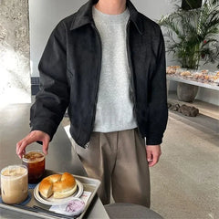 Threebooy Elegant Solid Brown Coat Men's Spring Autumn High-end Loose Lapel Plush Top Winter New Zipper Short Jacket Vintage Streetwear