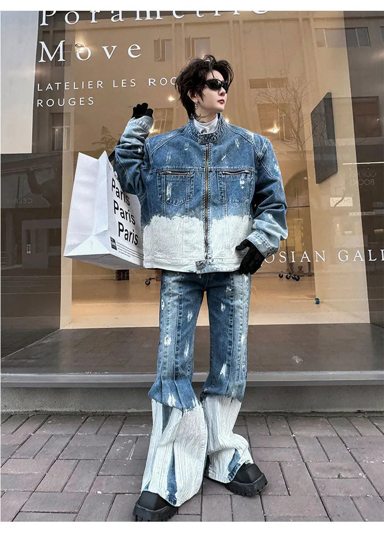 Threebooy Men's New 2-Piece Bleached Faded Denim Set
