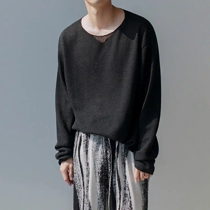 Threebooy  American Style Men Long Sleeve Knitted T Shirt Spring Autumn Casual Loose Lightweight Breathable Relaxed Tee