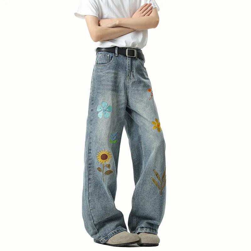Threebooy Jeans Men Washed Embroidered Jeans Loose Fit Straight Wide Leg Casual Denim Pants Fashion Trendy Streetwear Trousers Comfort