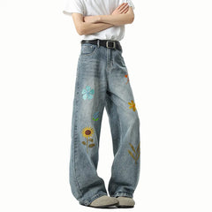 Threebooy Jeans Men Washed Embroidered Jeans Loose Fit Straight Wide Leg Casual Denim Pants Fashion Trendy Streetwear Trousers Comfort
