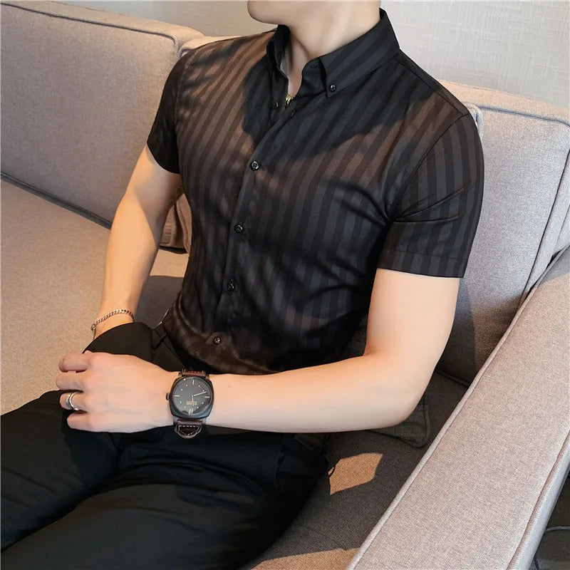 Threebooy Men's Summer Casual Short-Sleeved Shirts/Male Slim Fit Stripe Fashion Lapel Business Dress Shirts Tops Plus Size S-4XL