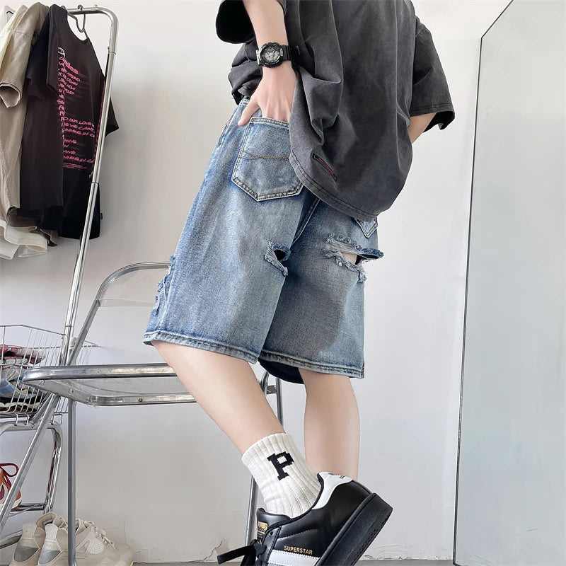 Threebooy Baggy Jeans Men's Blue Shorts Streetwear Luxury Man Jeans Jorts Straight Trousers Wide Pants Ripped Clothing