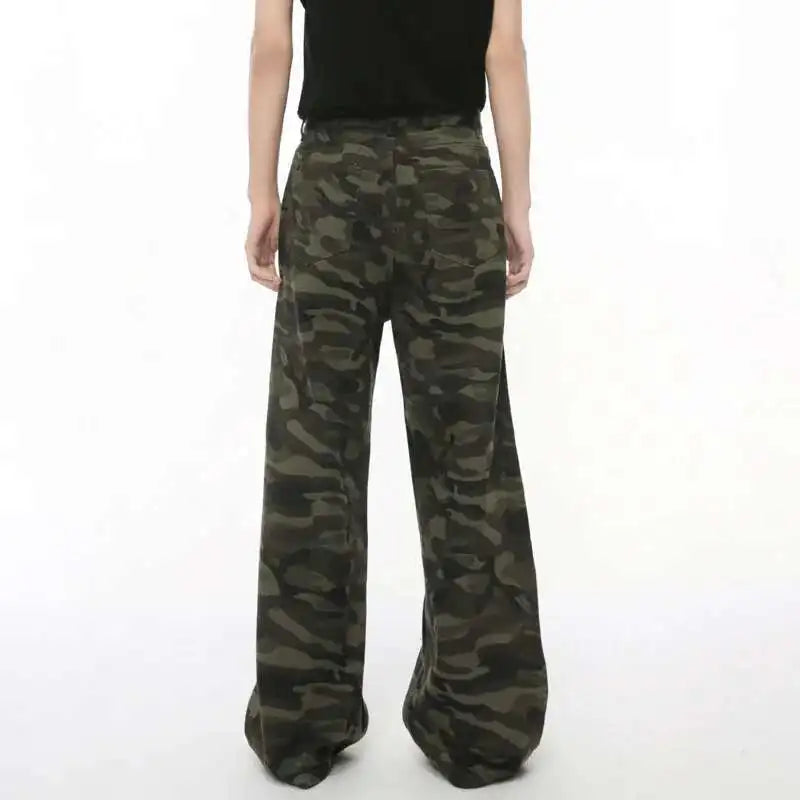 Threebooy  Vintage Camouflage Men's Jeans Fashion Washed Casual Wide Leg Denim Pants Autumn Winter Loose Male Trousers Old Blue