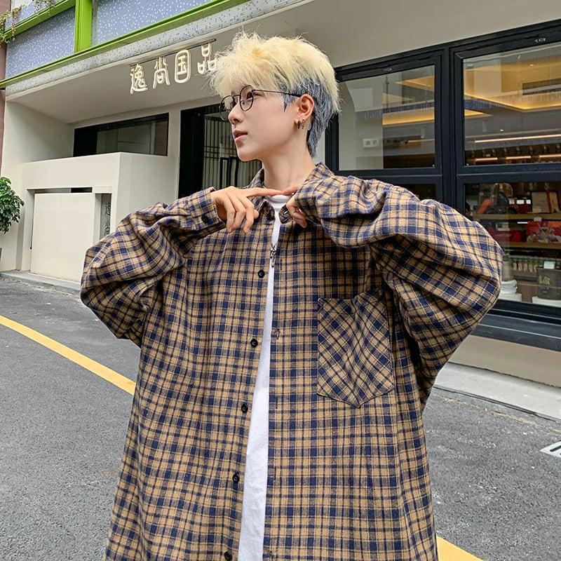 Threebooy Harajuku Long Sleeve Plaid Shirts Men Autumn Loose High Street All-match Shirt Gentleman Camisa Check Tops Stylish 5XL-M