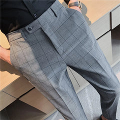 Threebooy High Quality Men's Formal Pants Office Social Business Fashion Plaid Suit Pants Casual Slim Wedding Street Wear Trousers 38